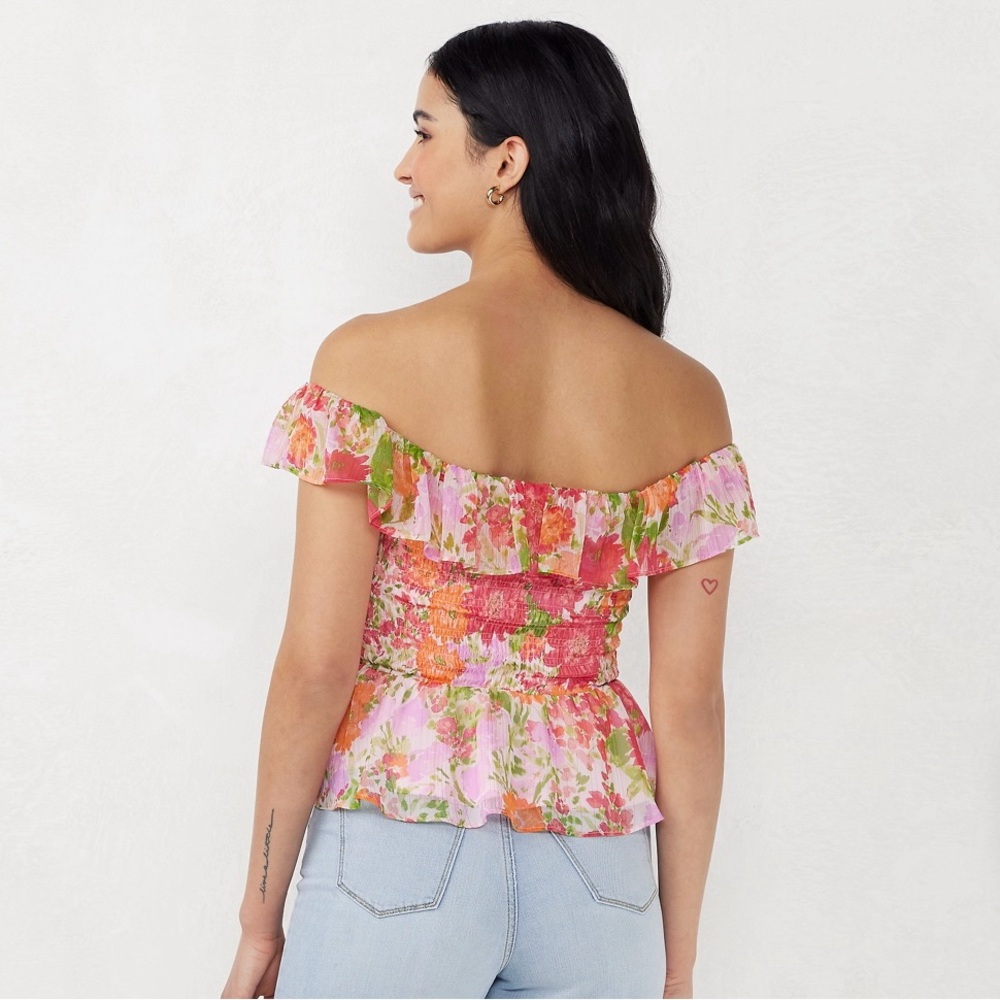 Like New! šŗLC Lauren Conrad Pink and Orange Ruffled Peplum Blousešŗ - Picture 2 of 5